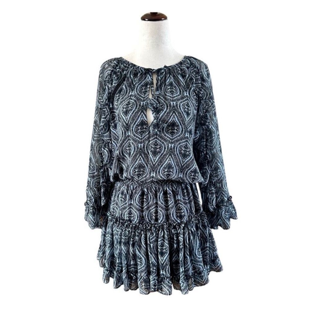 Misa Los Angeles Long Sleeve Arabesque Pattern Tiered Mini Dress